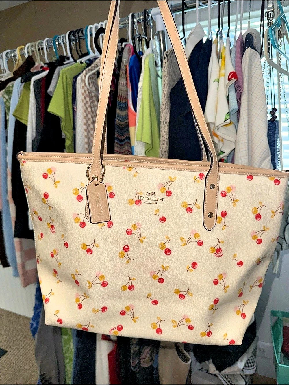 Coach City Tote Bag With Cherry Print in Cream & Pink
